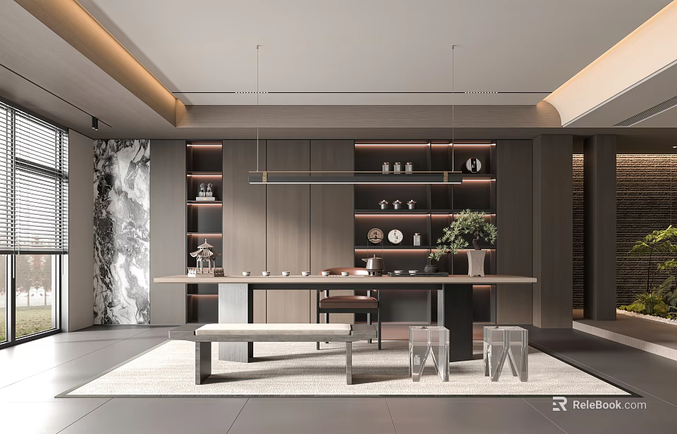 Traditional Tea Room Interior With Wooden Table Tea Sets And Decorative Shelves 3d model 