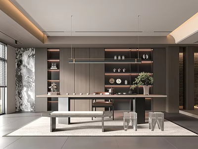 Traditional Tea Room Interior With Wooden Table Tea Sets And Decorative Shelves 3d model