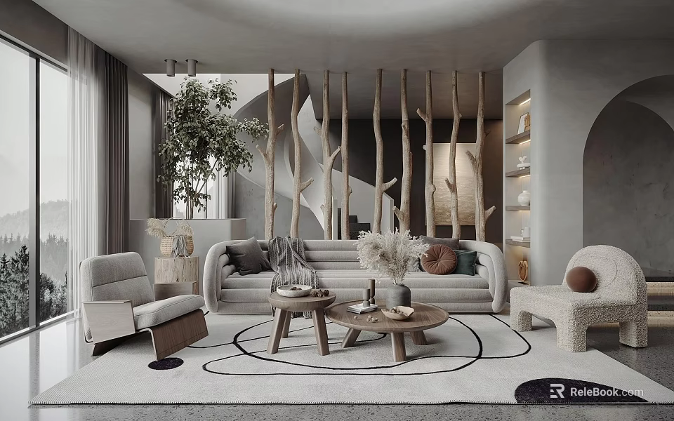 Modern Living Room Interior With Wooden Screen Sofa Coffee Tables Rug And Green Plant 3d model 