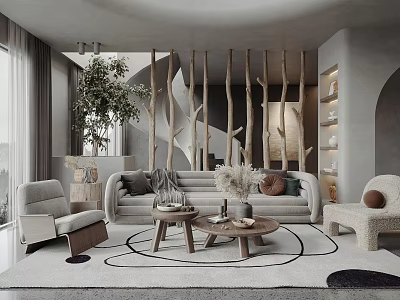 Modern Living Room Interior With Wooden Screen Sofa Coffee Tables Rug And Green Plant 3d model