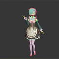 Anime Style Game Character With Blue Pink Hair In Black White Maid Outfit