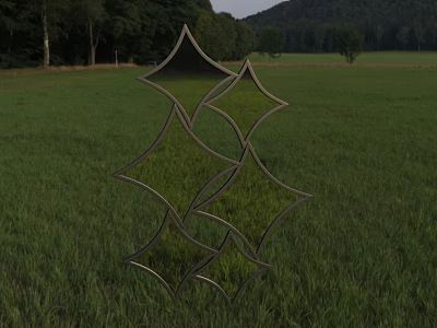 Diamond Shaped Mirror Arrangement Reflecting Green Grass Field Trees And Mountain Background 3d model