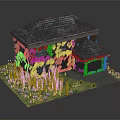 Residential House with Tile Roof Covered by Green Vines Attached Garage and Grass Shrubs