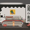 Cozy Kids Bedroom With Wavy Wall Decor Desk Chair Cartoon Painting And Stuffed Toys