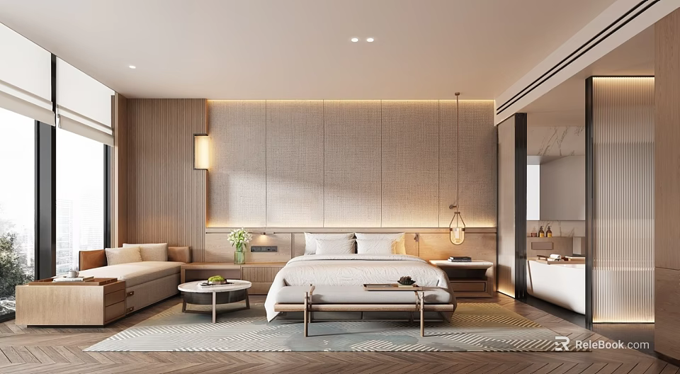 Modern Hotel Guest Room Interior With Wooden Wall King Bed And Accent Lighting 3d model 