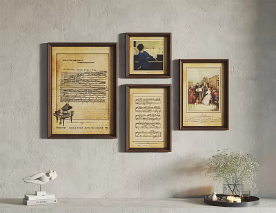 Four Framed Music Sheet And Portrait Artworks On Gray Wall With Decor Items 3d model