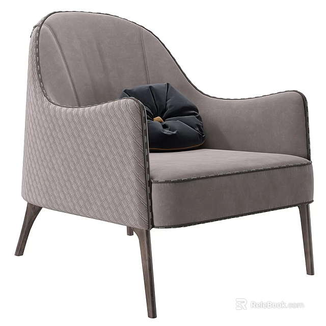 Elegant Gray Single Sofa With Quilted Design Stitched Armrest Black Pillow And Wooden Legs 3d model 