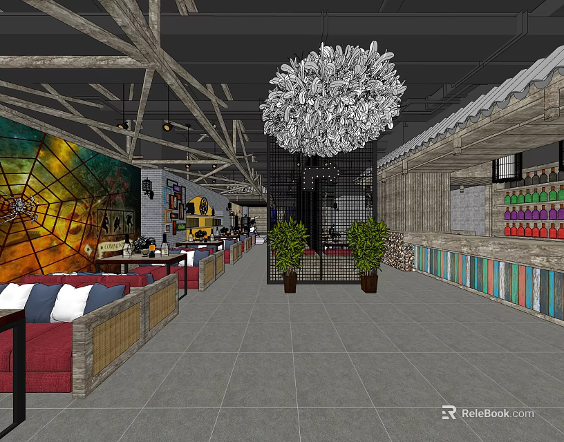 Bar Interior Design With Stained Glass Window Red Sofas Wooden Structures And Green Plants 3d model 