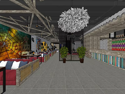 Bar Interior Design With Stained Glass Window Red Sofas Wooden Structures And Green Plants 3d model