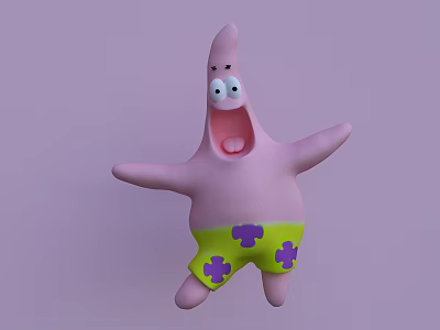 Pink Starfish Plush Toy With Big Eyes Open Mouth Green Shorts And Purple Flower Patterns 3d model