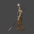 Game and Movie Character in Metal Armor with Helmet Holding Sword and Spikes on Back