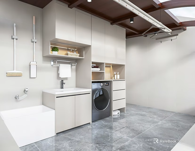 Modern Bathroom Interior Design With Marble Floor Washing Machine Sink And Cabinets 3d model 