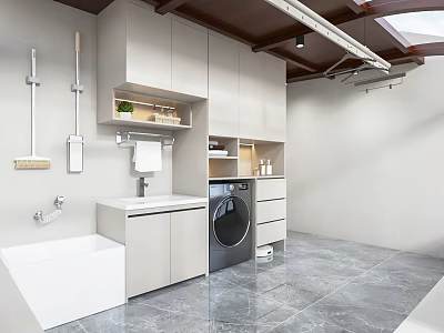 Modern Bathroom Interior Design With Marble Floor Washing Machine Sink And Cabinets 3d model