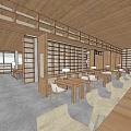 Wooden Interior Space With Tables Chairs And Natural Light Through Screens