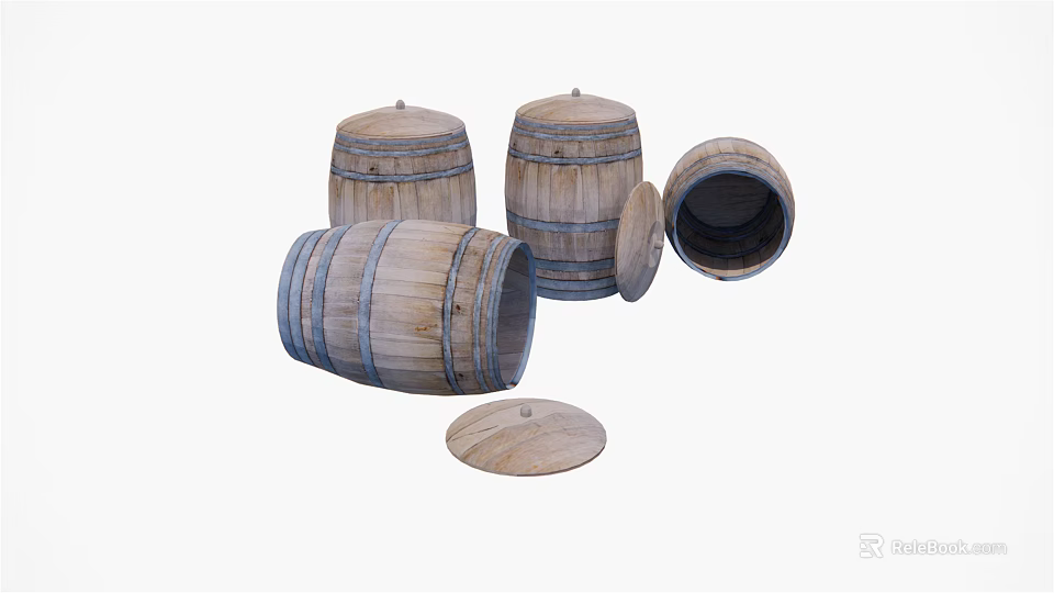 Wooden Barrels Decorative Ornament Set With Multiple Lids And Open Pieces 3d model 