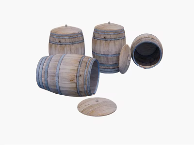 Wooden Barrels Decorative Ornament Set With Multiple Lids And Open Pieces 3d model