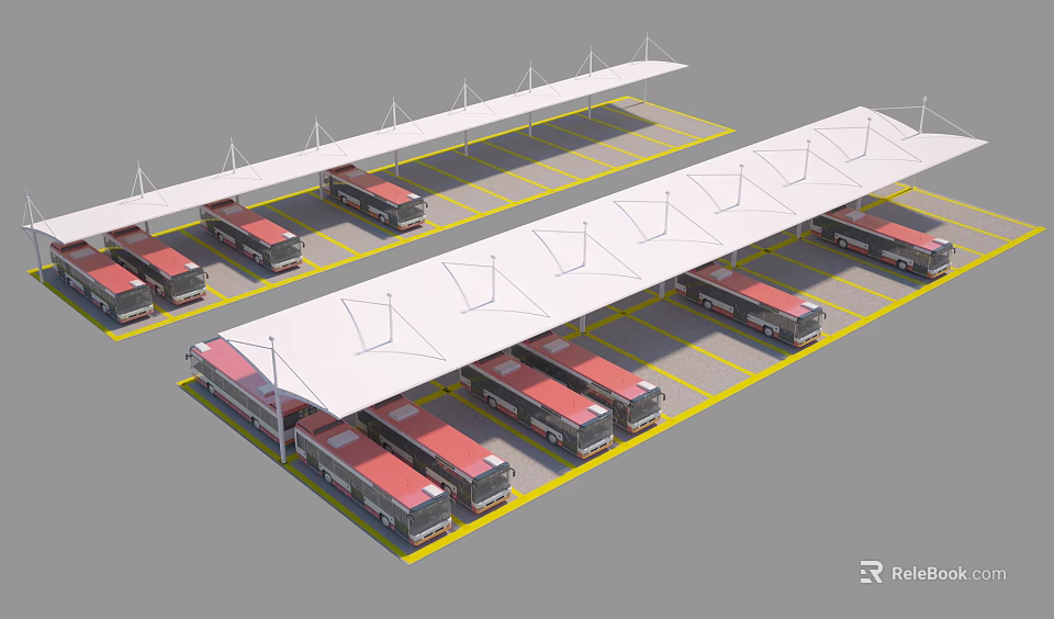 Bus Parking Lot With Large Canopy Structures Providing Shade Coverage 3d model