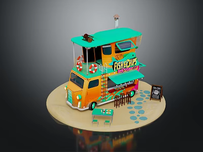 Fresh Seafood From Fishermans Food Truck With Orange Green Exterior And Outdoor Seating 3d model