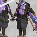 Man with colorful long hair holding long staff in feathered outfit dark pants brown boots