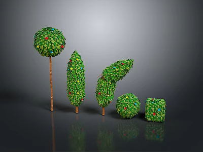 Green Plants With Small Red Fruits In Various Shapes And Different Heights On Gray Background 3d model
