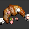 Fresh Croissant with Fresh Strawberries Whipped Cream and Powdered Sugar on Dark Background with Reflection