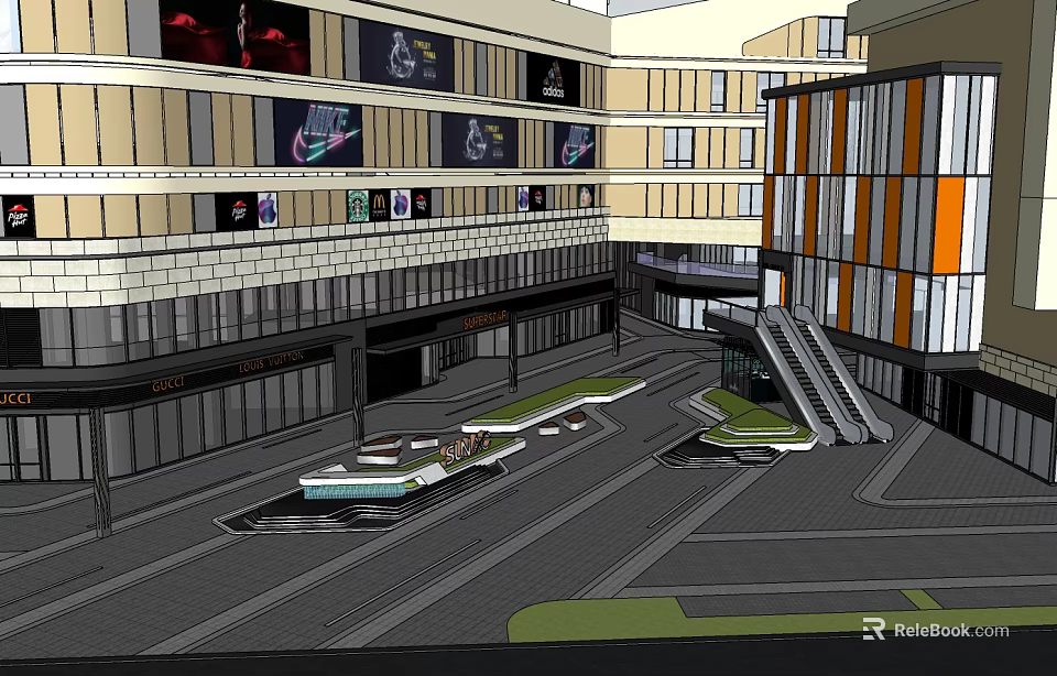 Modern Multi Level Shopping Mall With Billboard Displays Pedestrian Walkways And Escalators 3d model 