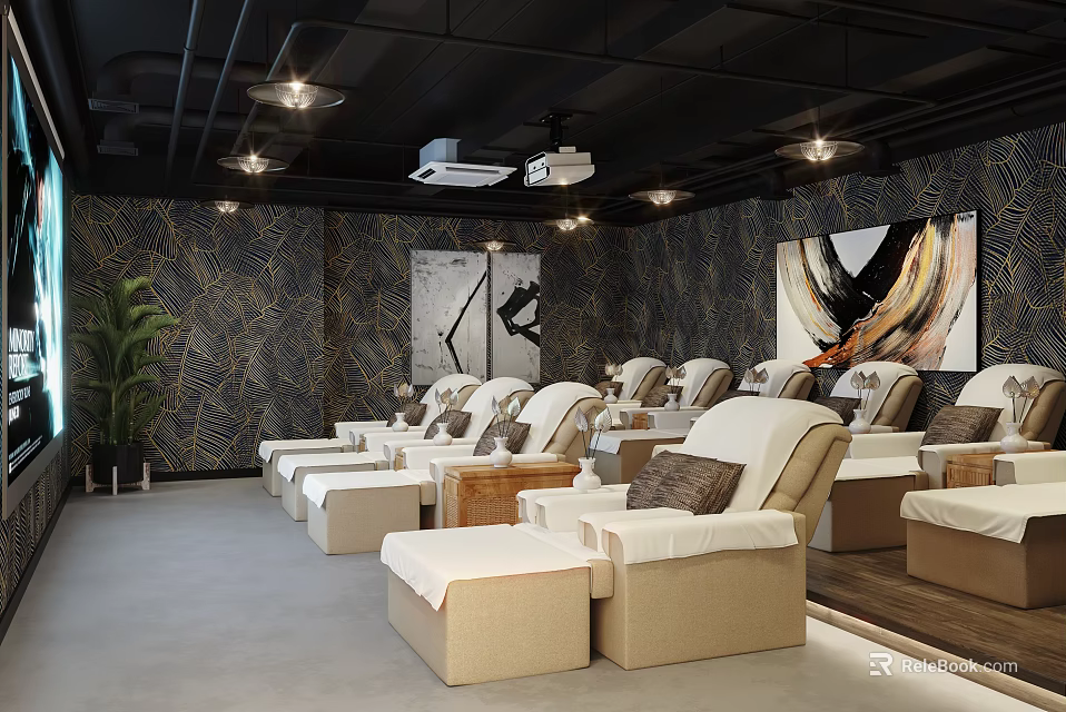 Modern Home Theater Room With Comfortable Recliner Seats Projector And Surround Sound System 3d model 