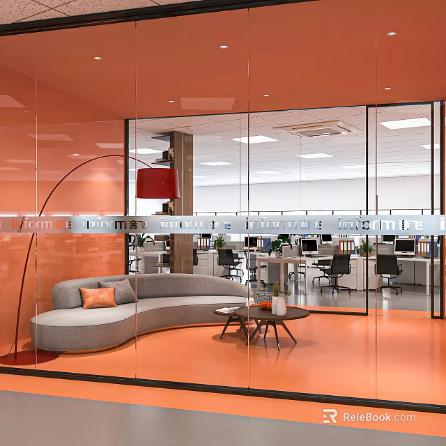 Modern Public Office Space With Glass Partitions Orange Interior Sofa And Desks 3d model 