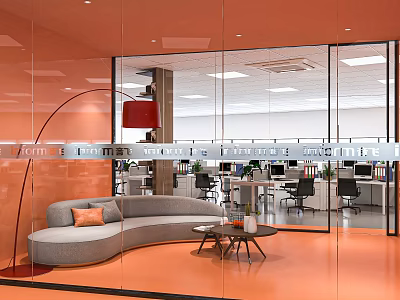 Modern Public Office Space With Glass Partitions Orange Interior Sofa And Desks 3d model