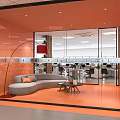 Modern Public Office Space With Glass Partitions Orange Interior Sofa And Desks