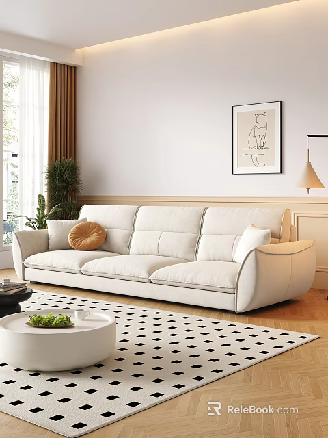 Modern White Sofa and Coffee Table Set With Cushions Plant Wall Art and Floor Lamp 3d model 