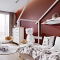 Cozy Kids Room Interior With Red Walls White Furniture Tent Shaped Bed And Toys
