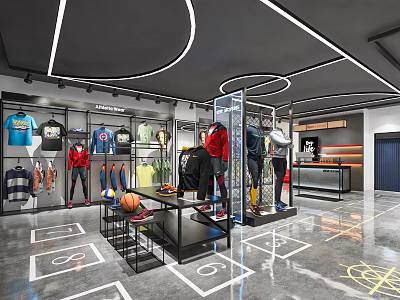 Modern Sports Clothing Store With Athletic Apparel Basketball And Sneakers Display In Contemporary Retail Space 3d model