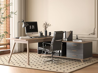 Wooden Office Desk Setup With Ergonomic Chair Computer Monitor And File Cabinet 3d model