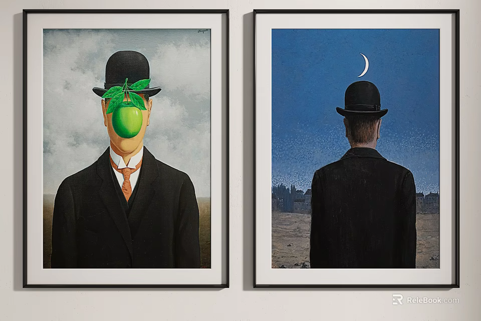 Portrait Paintings of Man with Black Hat Green Apple and Crescent Moon Background 3d model 