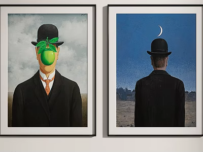 Portrait Paintings of Man with Black Hat Green Apple and Crescent Moon Background 3d model