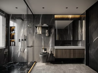 Modern Bathroom Interior With Marble Walls Glass Shower And Wooden Vanity 3d model
