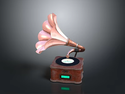 Vintage Gramophone With Brass Horn Wooden Base Turntable And Vinyl Record 3d model