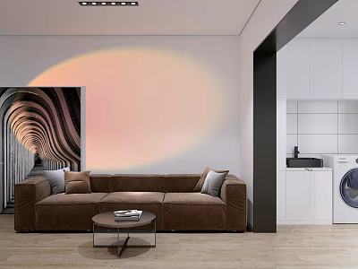 Modern Living and Dining Room Interior With Brown Sofa Coffee Table And Light Projection 3d model