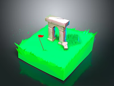 3D Scenic Model Featuring Stone Archway Green Grass Small Red Flag And Stone Blocks 3d model