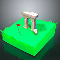 3D Scenic Model Featuring Stone Archway Green Grass Small Red Flag And Stone Blocks