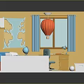 Cartoon Room Interior With Yellow Walls Blue Curtains Bed Desk Chair And Red Balloon