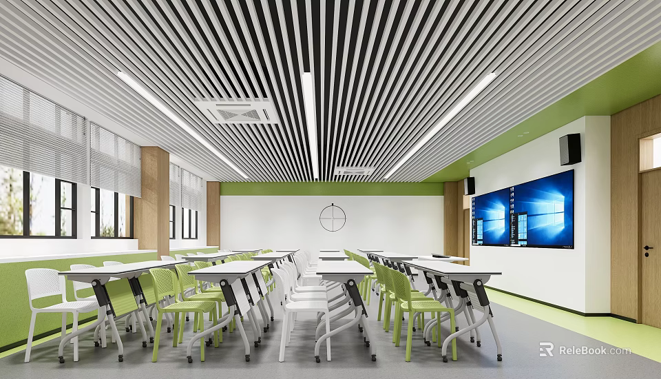 Modern School Classroom Interior With Green White Desks Chairs Striped Ceiling And Screens 3d model 