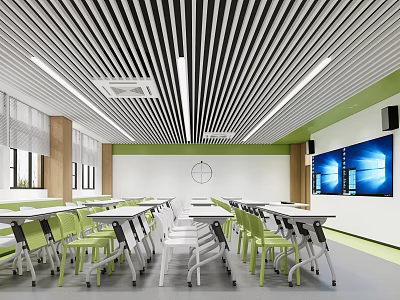 Modern School Classroom Interior With Green White Desks Chairs Striped Ceiling And Screens 3d model