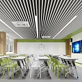 Modern School Classroom Interior With Green White Desks Chairs Striped Ceiling And Screens