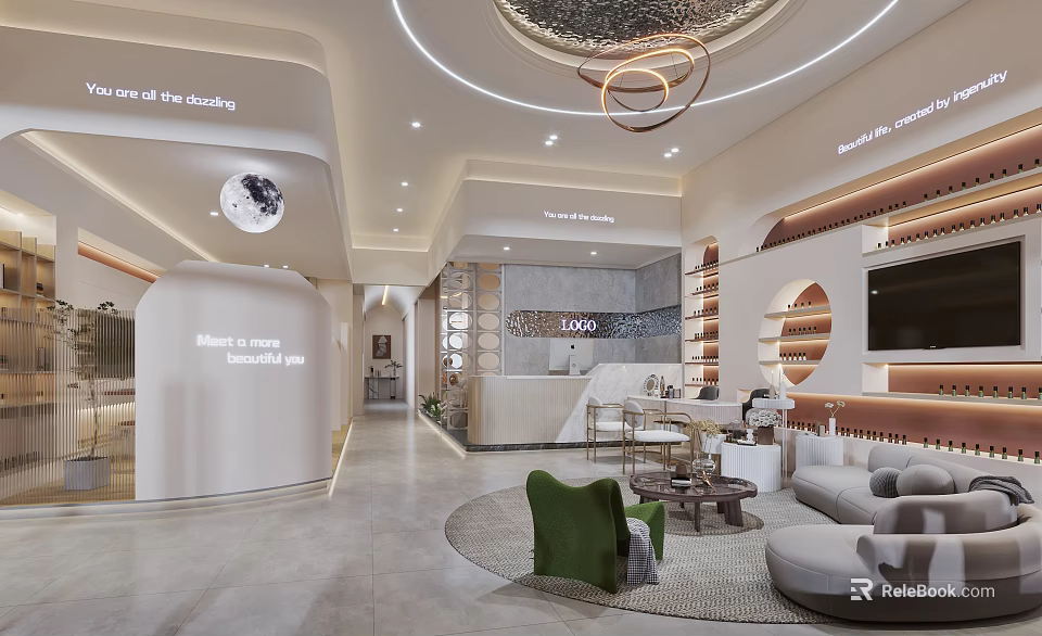 Elegant Modern Beauty Hair Salon Interior With Circular Chandeliers Comfortable Sofa And Display Shelves 3d model 