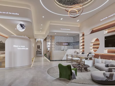 Elegant Modern Beauty Hair Salon Interior With Circular Chandeliers Comfortable Sofa And Display Shelves 3d model