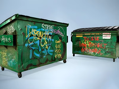 Public Facilities Green Dumpsters Covered With Colorful Urban Street Art Graffiti 3d model