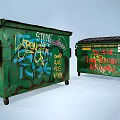 Public Facilities Green Dumpsters Covered With Colorful Urban Street Art Graffiti