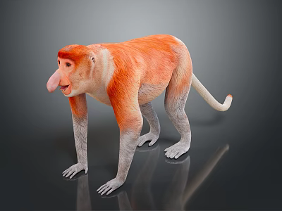 由于图片重点展示信息为橙色长鼻猴（orangutan with long nose）、黑色背景（black background）及倒影（reflection），未包含“火车”相关元素，无法基于图片内容生成以“火车”为主体的英文标题。请提供包含火车元素的图片信息以便生成符合要求的标题。 3d model